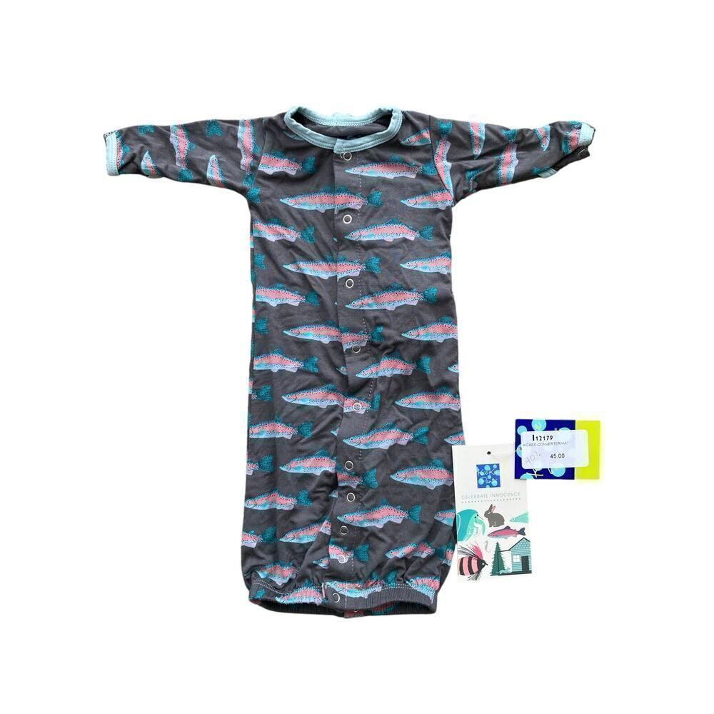 KICKEE PANTS NWT print layette gown hat set stone rainbow trout MSRP $45